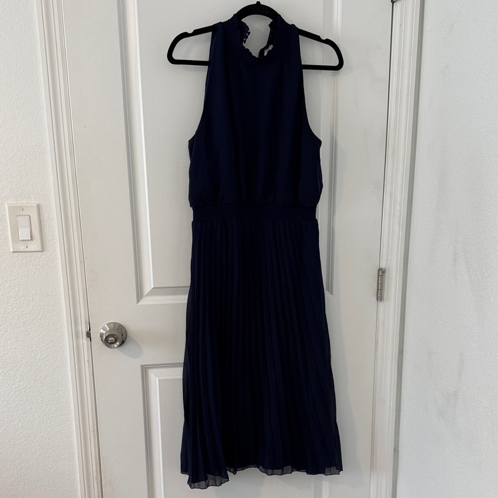 Sam Edelman Smocked Plisse Midi Dress in NAVY